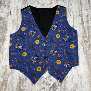 VTG Basic‎ Editions Blue Halloween Print Button Vest Sz XL Black Cat Ghost Witch